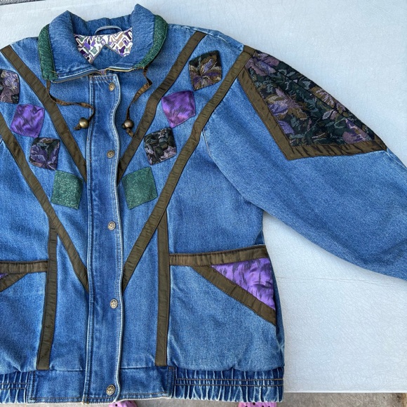 Vintage 80s 90s Current Seen Patchwork Floral Tapestry Blue Denim Jean Jacket - Picture 9 of 15